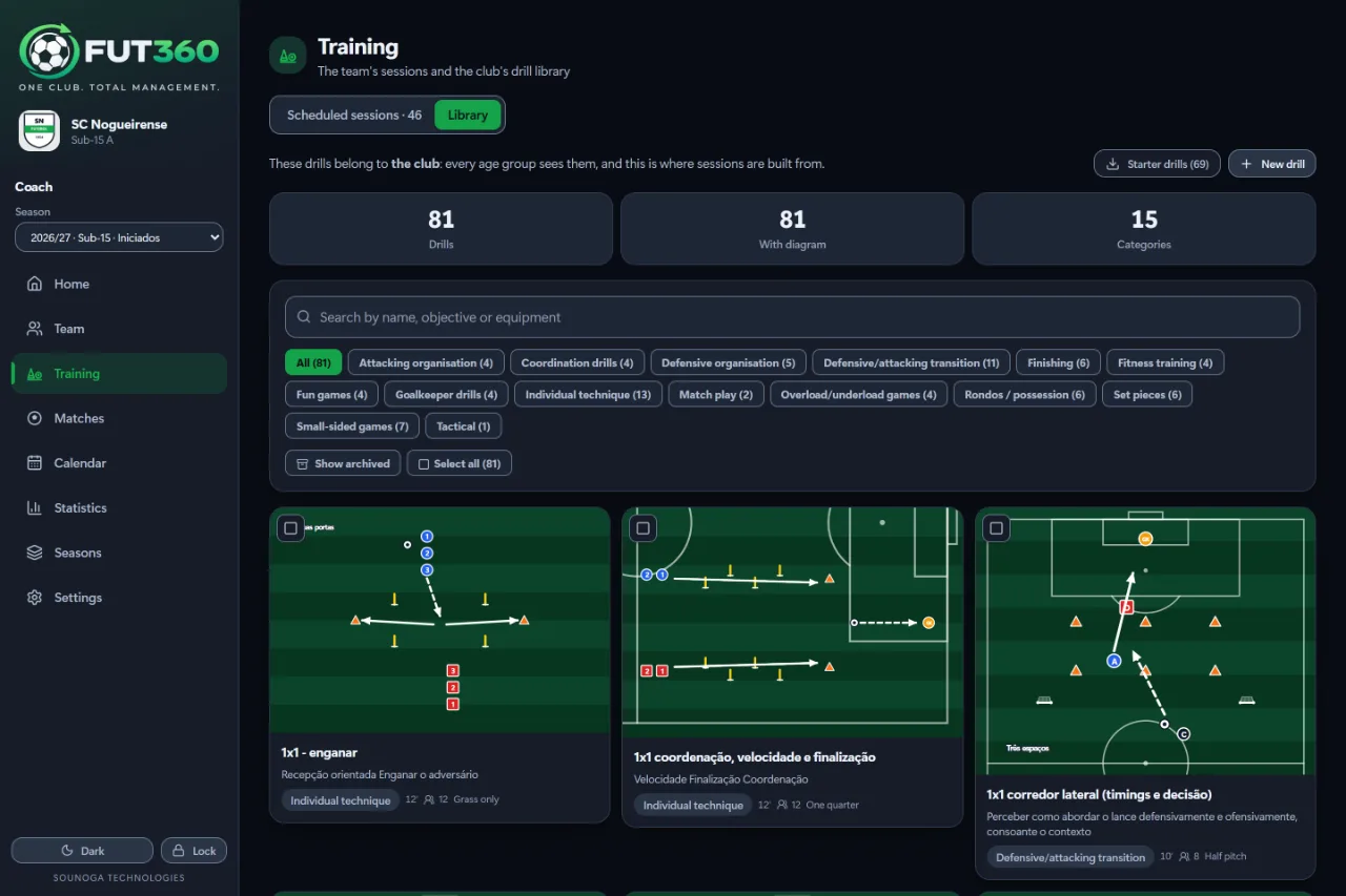 The club’s drill library, with each drill drawn on a pitch.