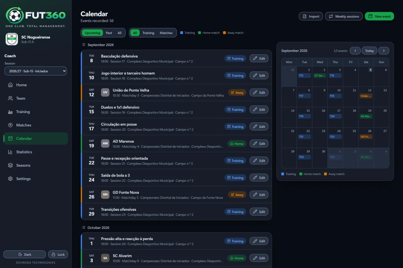 The September calendar: the list of upcoming events and the month grid.