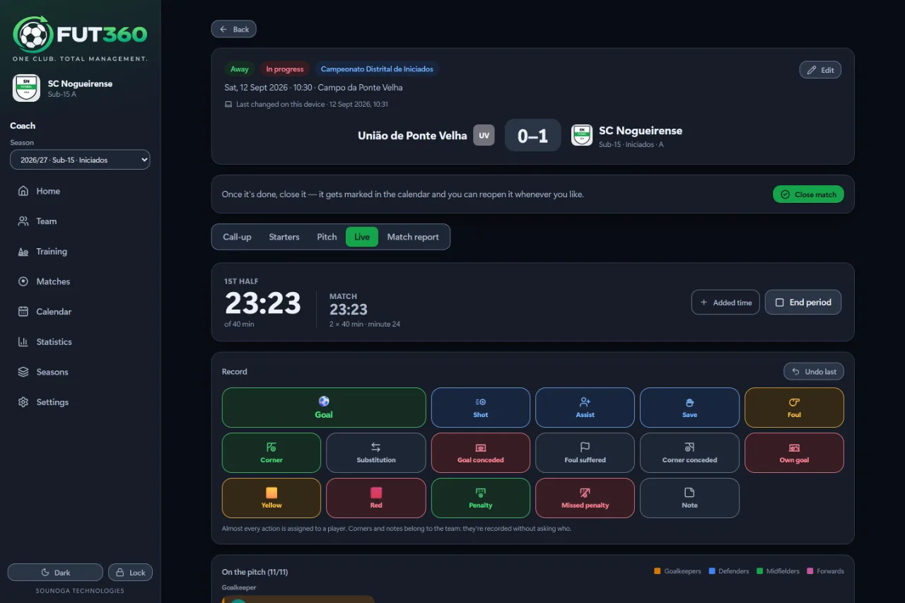 The Live tab during a match: scoreboard, a 23-minute clock and the match actions.