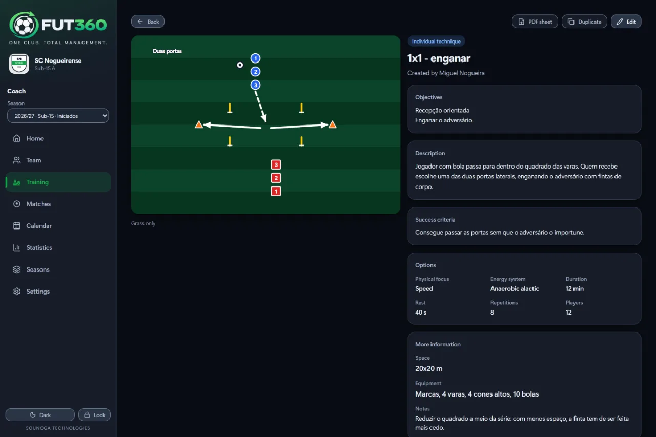 Drill — Every drill with its diagram, objectives, success criteria and equipment.