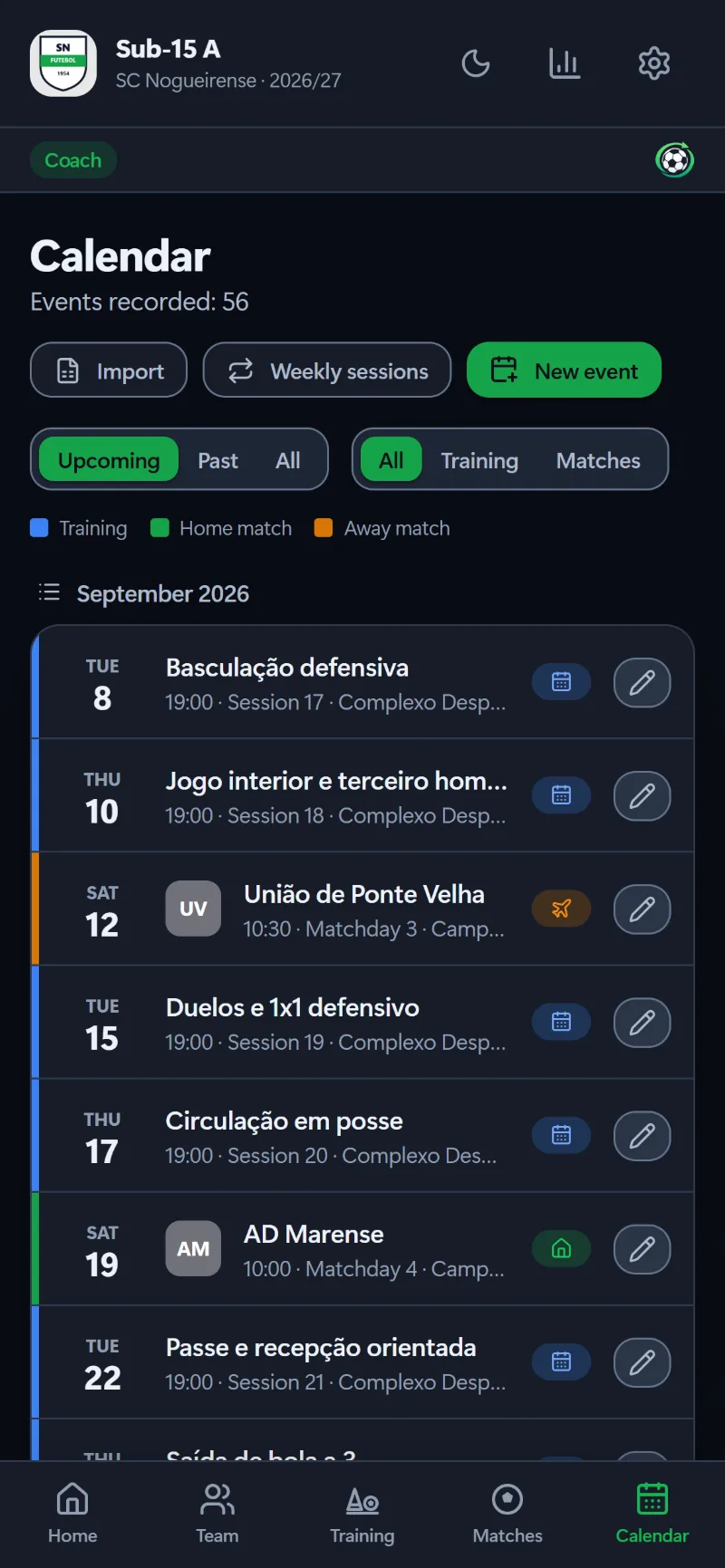 The team calendar