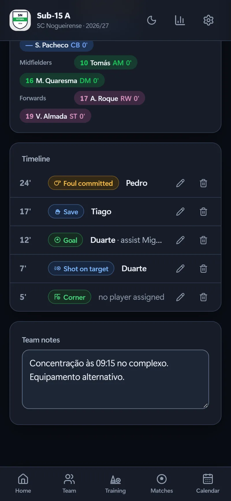 The match timeline on a phone: corner, shot, goal, save and foul, each with its minute.