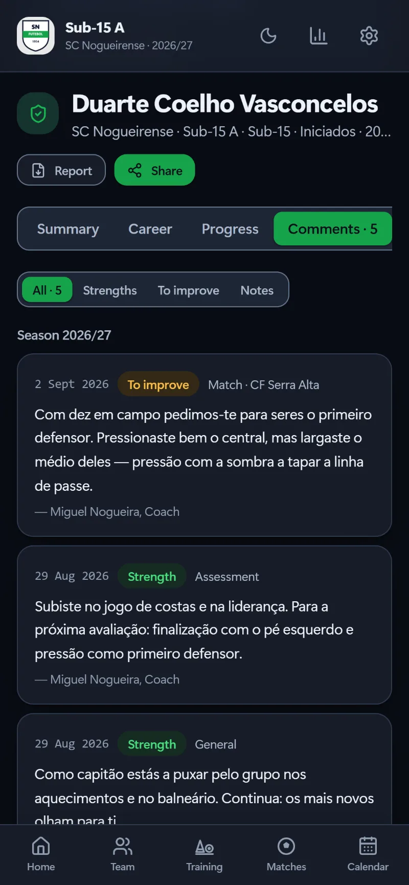 The coaches’ comments on a phone, by season, with strengths and what to improve.